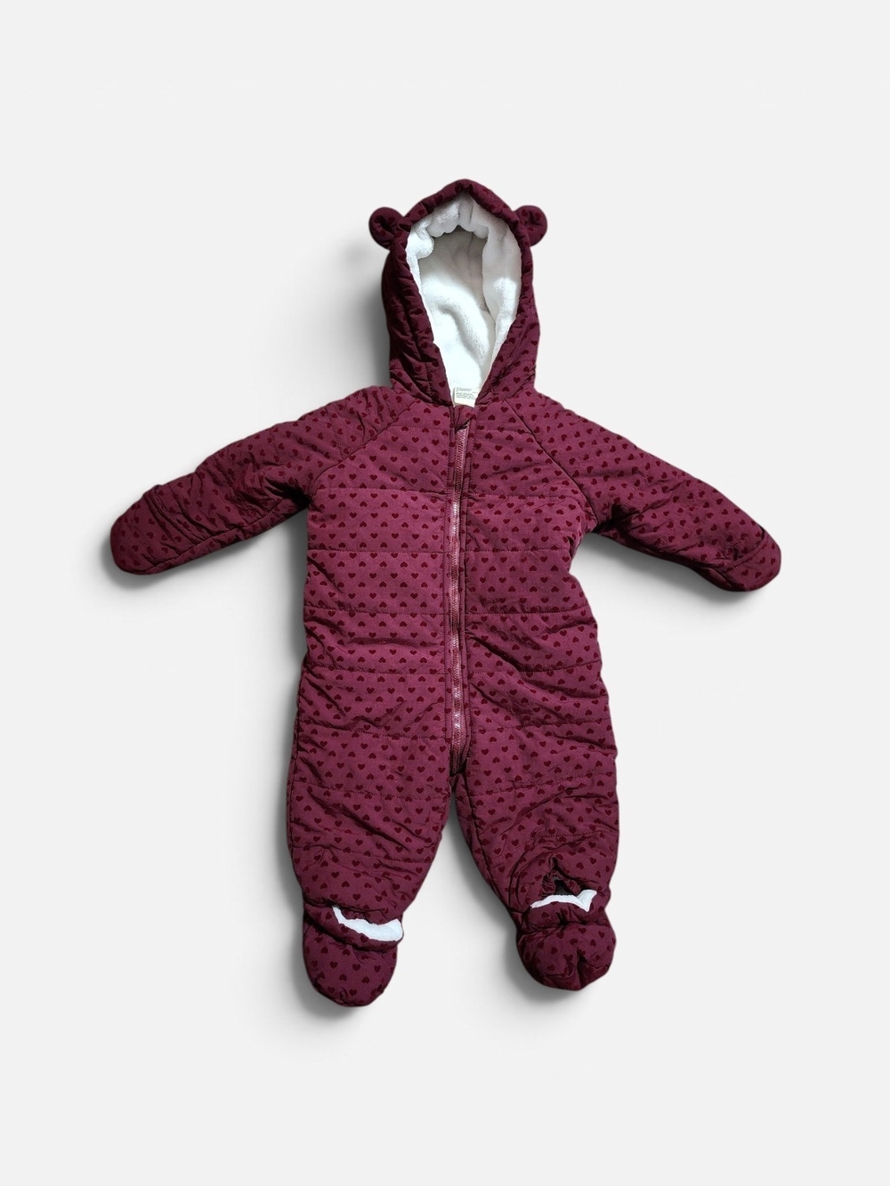 First Impressions Hooded Flocked Hearts Footed Snowsuit in scarlet wine